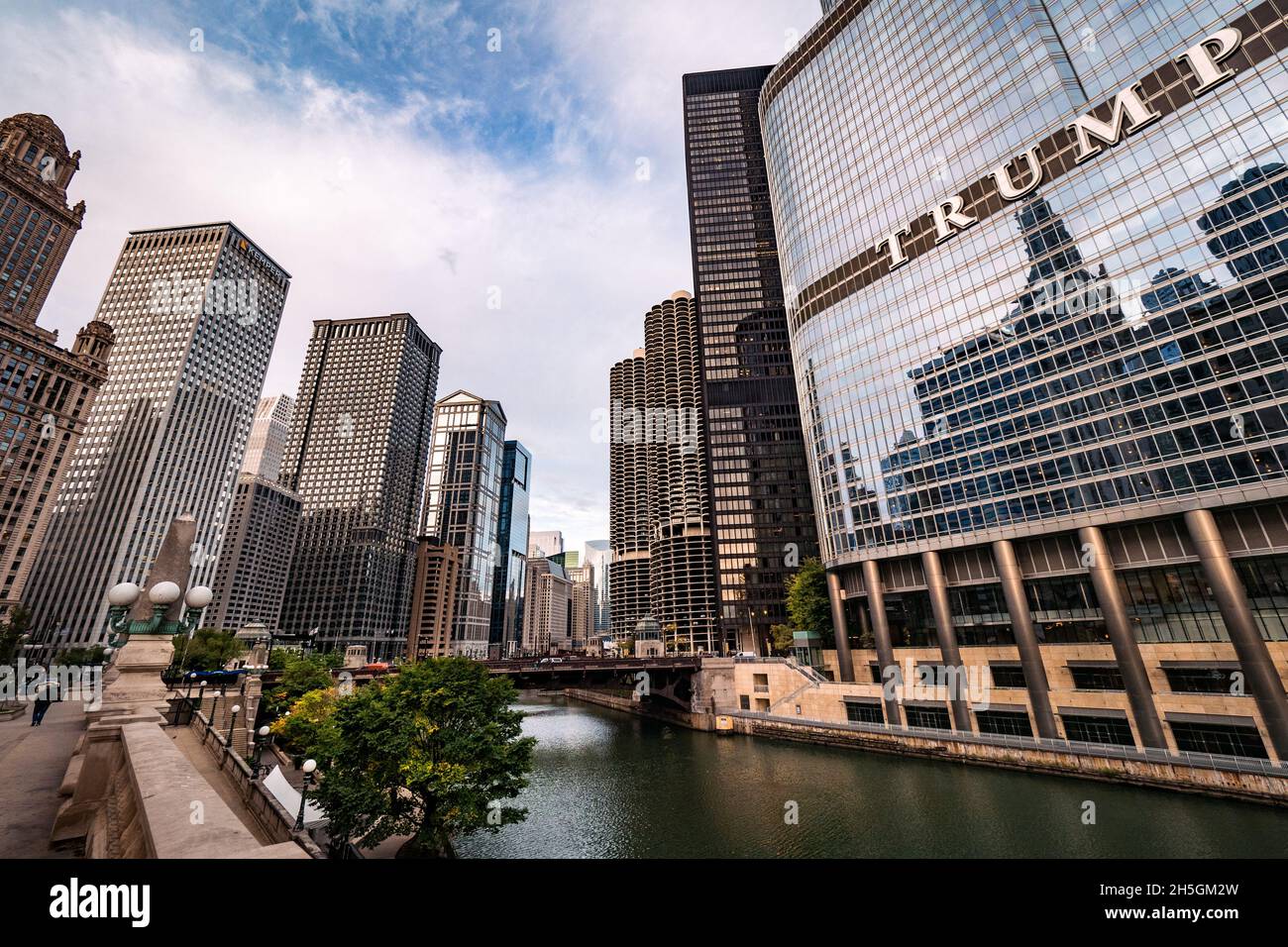 Skyscrapers at downtown Chicago seen from the DuSable Bridge, Chicago, IL, USA Stock Photo