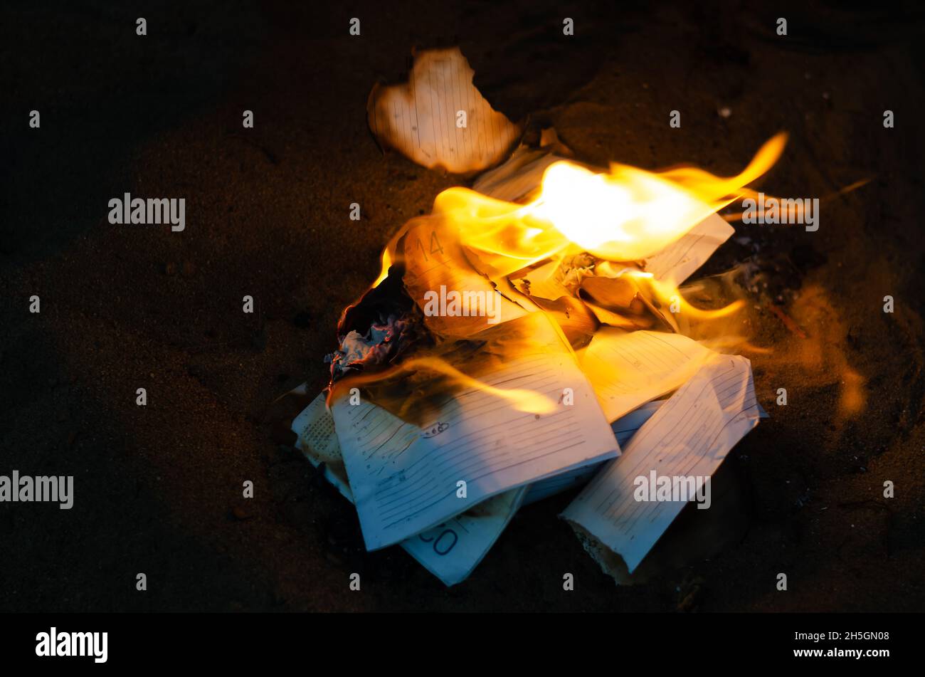 A woman throws the pages of a business diary into a fire. Burning pages ...