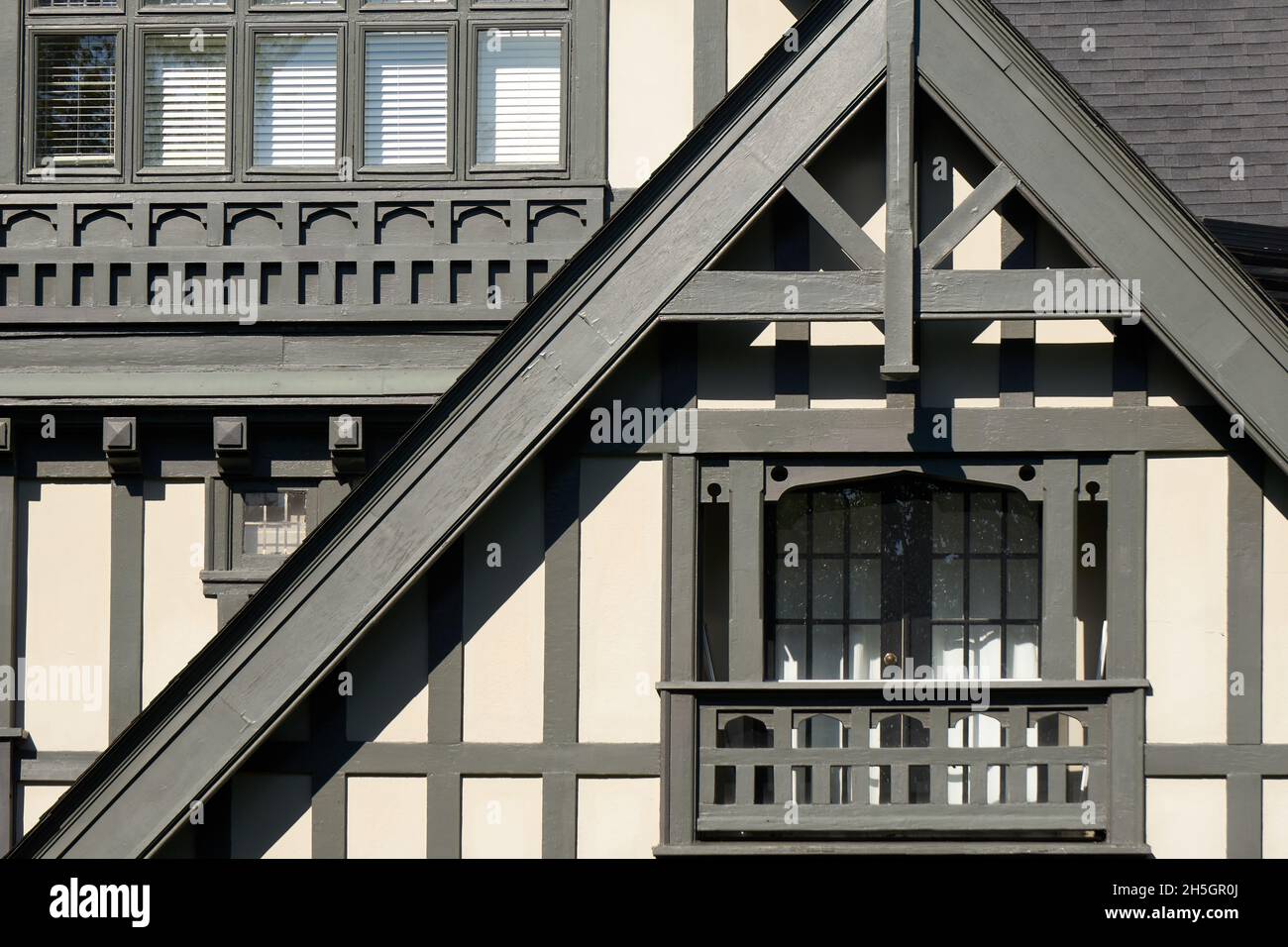 Closeup of the wooden facade of  a Tudor style house Stock Photo