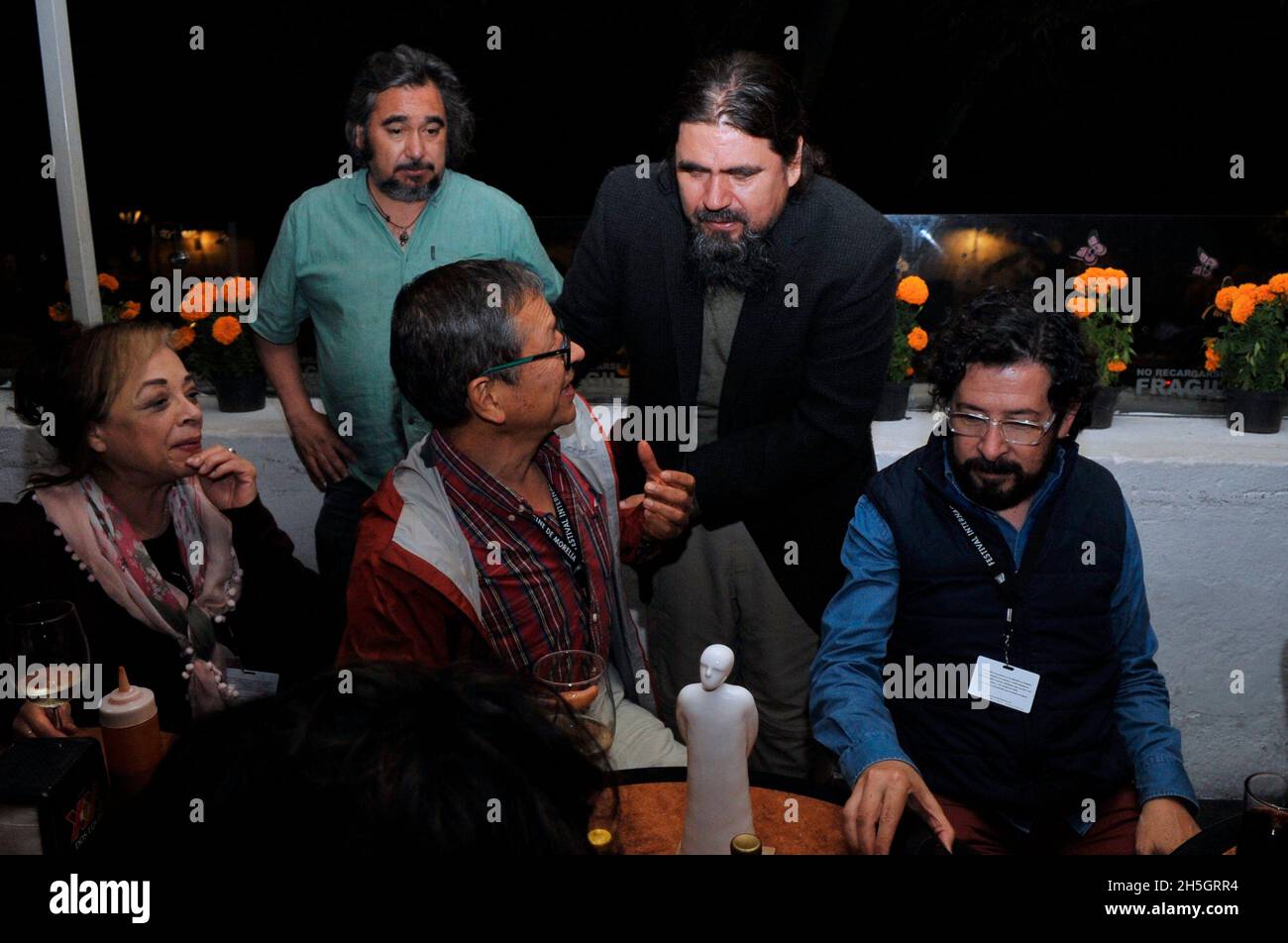 MORELIA , MÉXICO 1 November, 2021: Sonia Riquer, Sergio Raúl López, Carlos Bonfil, Jorge Caballero and Ramón Ramírez film writers during the award to Carlos Bonfil and delivery of the statuette of the Press Warrior to Journalistic Merit awarded by the Mexican Film Press Network during the 19th. Morelia International Film Festival. (Photo by Pedro Martin González Castillo/ NortePhoto Stock Photo