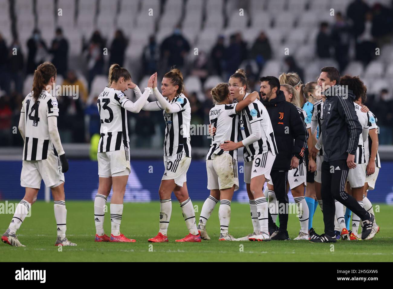 Turin, Italy, 9th November 2021. Juventus players congratulate one and another following the final whistle of the UEFA Womens Champions League match at Juventus Stadium, Turin. Picture credit should read: Jonathan Moscrop / Sportimage Credit: Sportimage/Alamy Live News Stock Photo