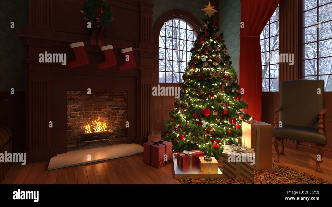 3D illustration christmas room vintage style interior Stock Photo - Alamy