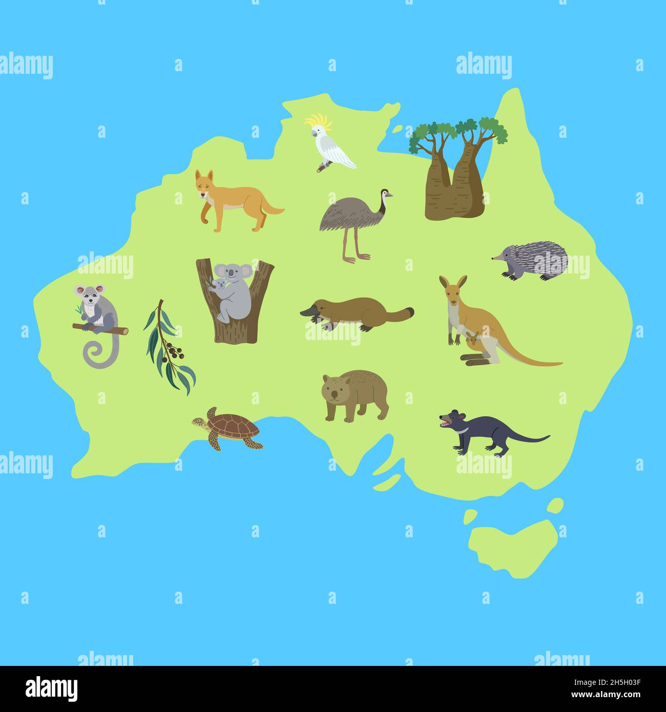 Map of Australia with cute funny cartoon animals. Hand drawn vector illustration for educational posters Stock Vector