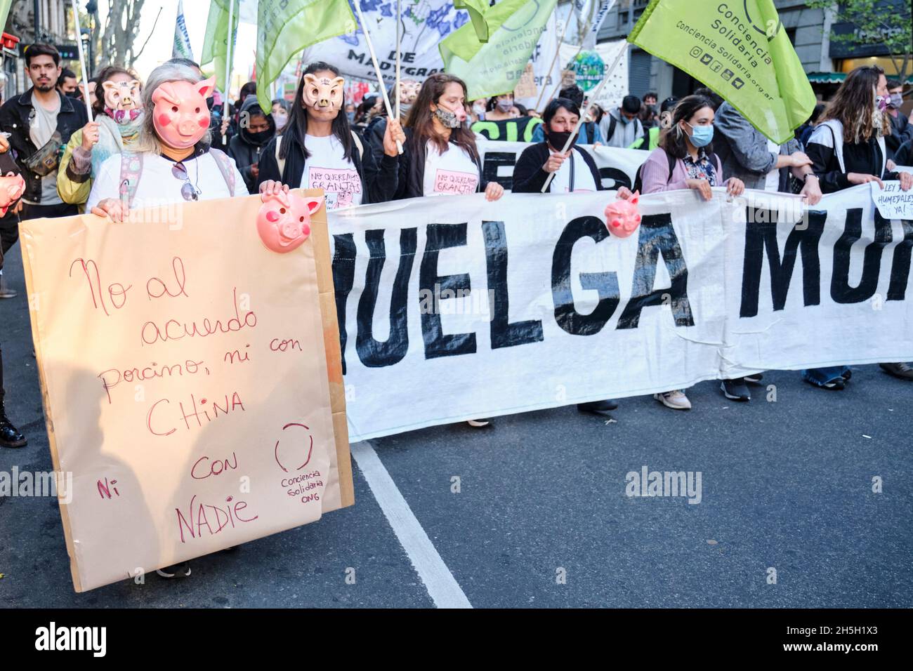 Buenos Aires, Argentina; Sept 24, 2021: Environmental activism, people marching during the Global Climate Strike. A woman in a pig mask holds a sign: Stock Photo