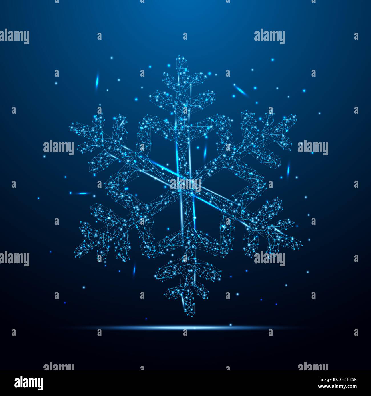 Geometric shape futuristic polygonal vector of Snowflake in the form of a starry sky space. Consisting of points, light, lines, and low poly shapes in Stock Vector