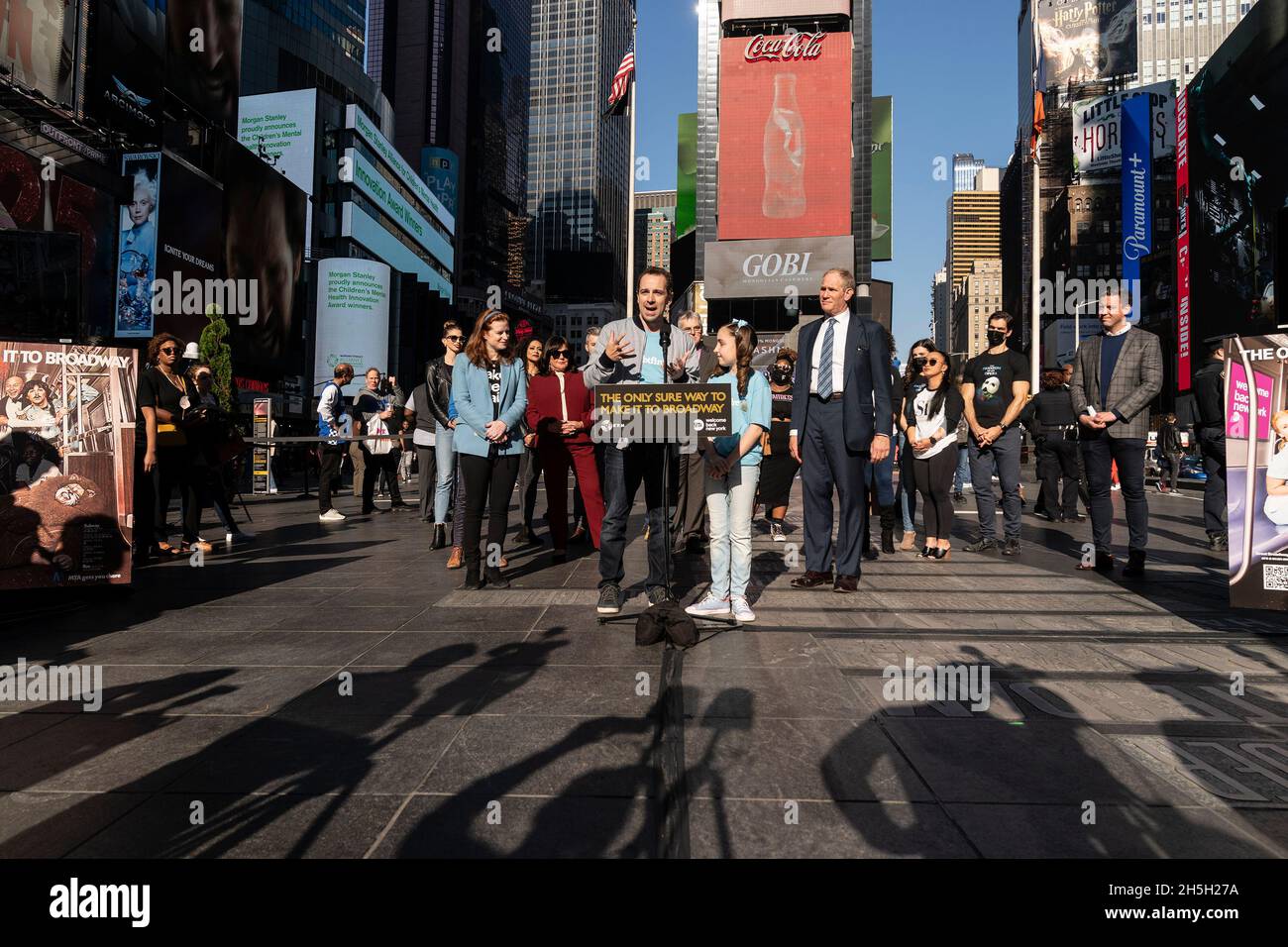 New York, USA. 09th Nov, 2021. Broadway musical Mrs. Doubtfire stars Rob McClure with Avery Sell at his side speaks during announcement on Times Square in New York on November 9, 2021. MTA Acting Chair and CEO Janno Lieber and Broadway stars make an announcement about discounts for Broadway shows via the public transportation MTA website. They touted that the city is opening after shows were closed because of a pandemic and invited New Yorkers and guests of the city to visit theaters and use public transportation to do so. (Photo by Lev Radin/Sipa USA) Credit: Sipa USA/Alamy Live News Stock Photo