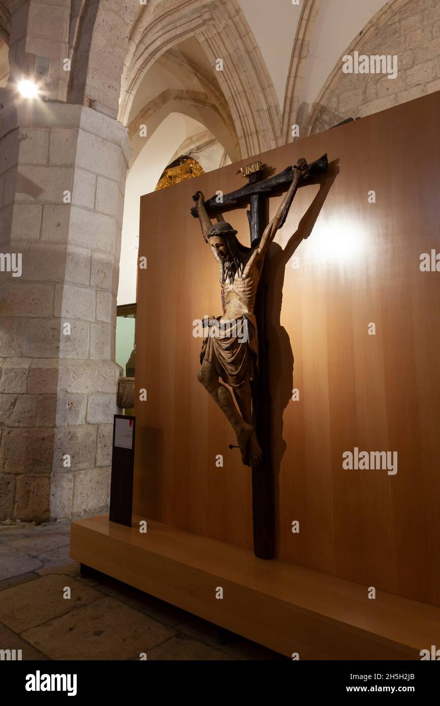 Gothic figure of Jesus Christ Crucified (c. 1330-1340) in the Museo Comarcal de Arte Sacro, Peñafiel, Spain. Stock Photo