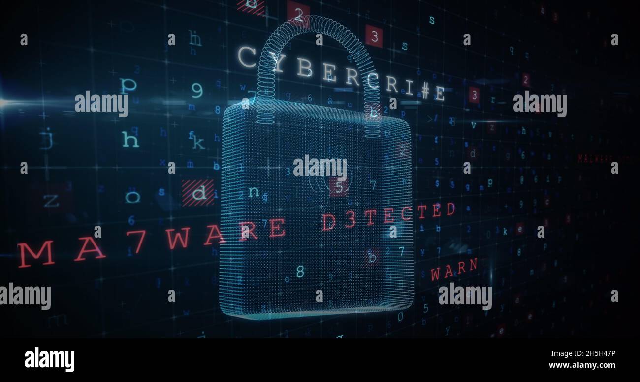 A 3d graphic view of cyber security lock that has cyber crime threats form a computer screen Stock Photo