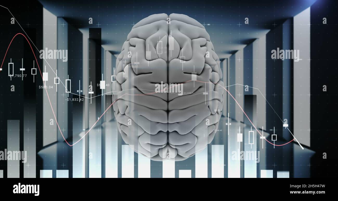 Top view of human brain and server room background with continuous appearances of bar graph Stock Photo