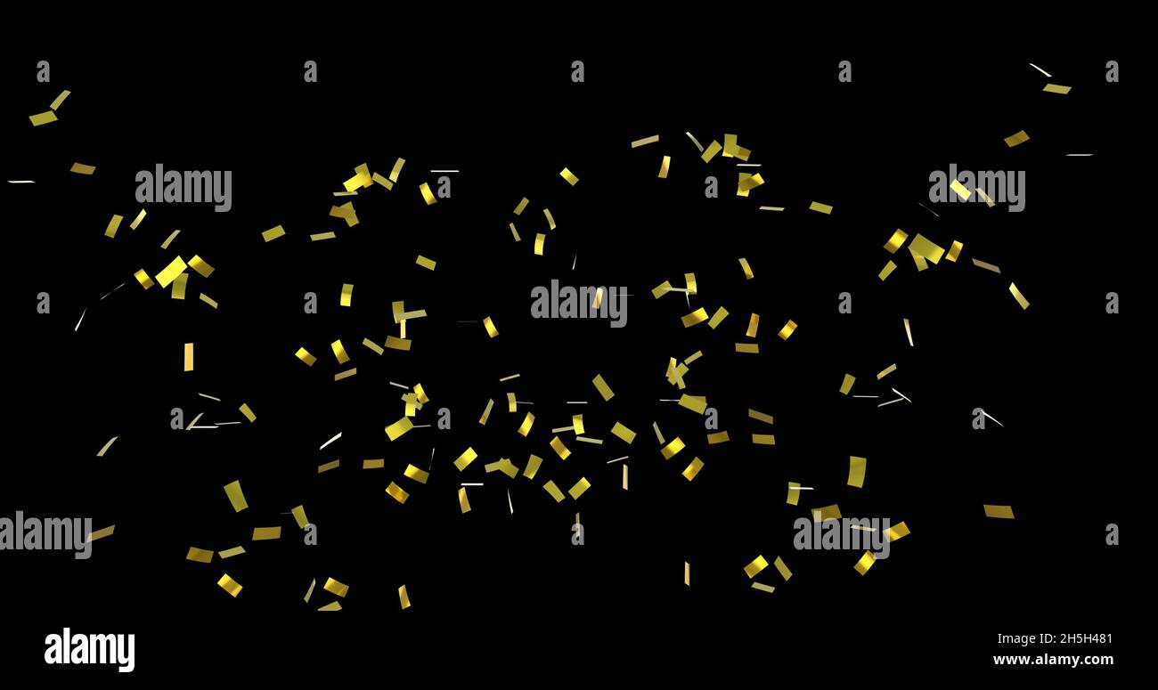 Digital image of gold confetti falling against a black background Stock ...