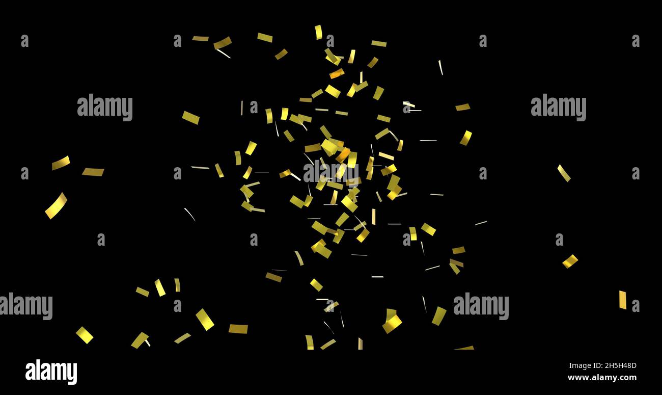 Digital image of gold confetti falling against a black background Stock ...