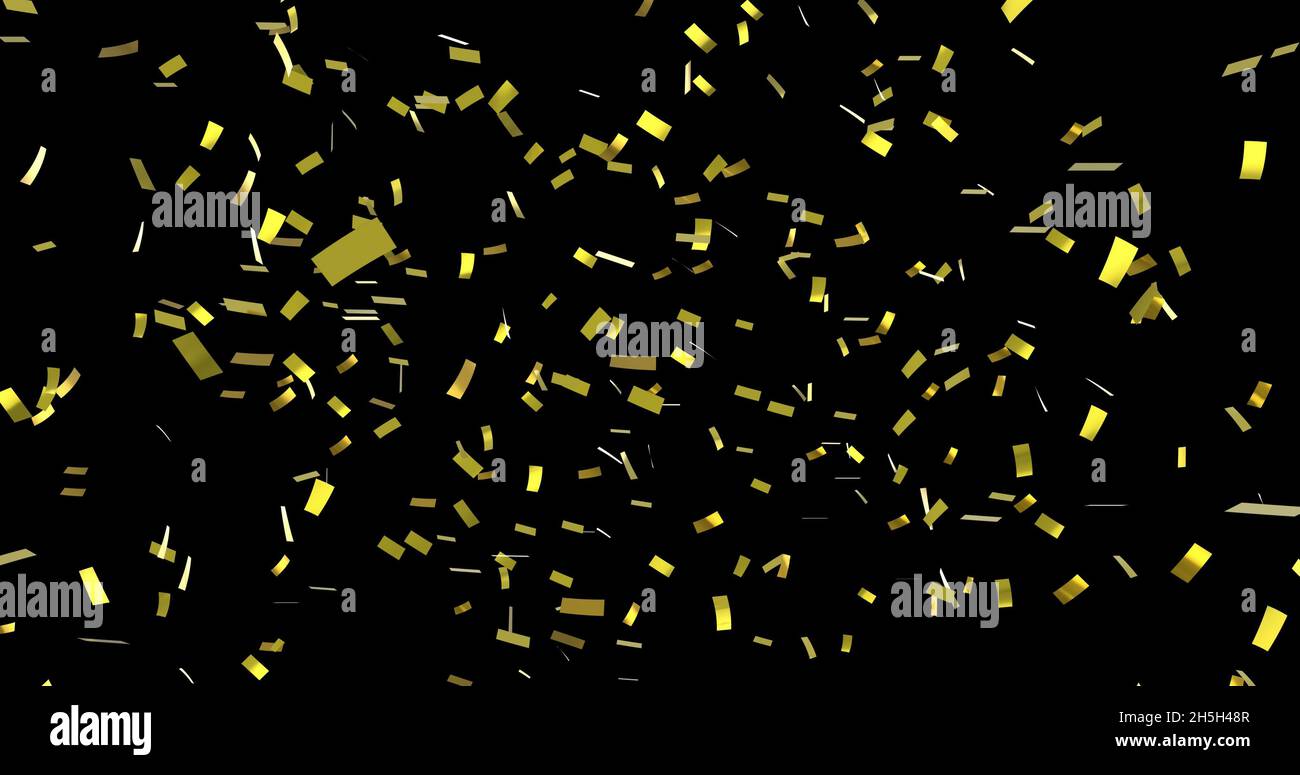 Digital image of gold confetti falling against a black background Stock ...