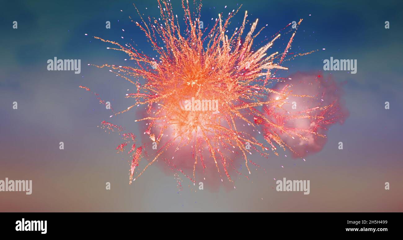 Digital image of red fireworks exploding in the sky with clouds Stock Photo