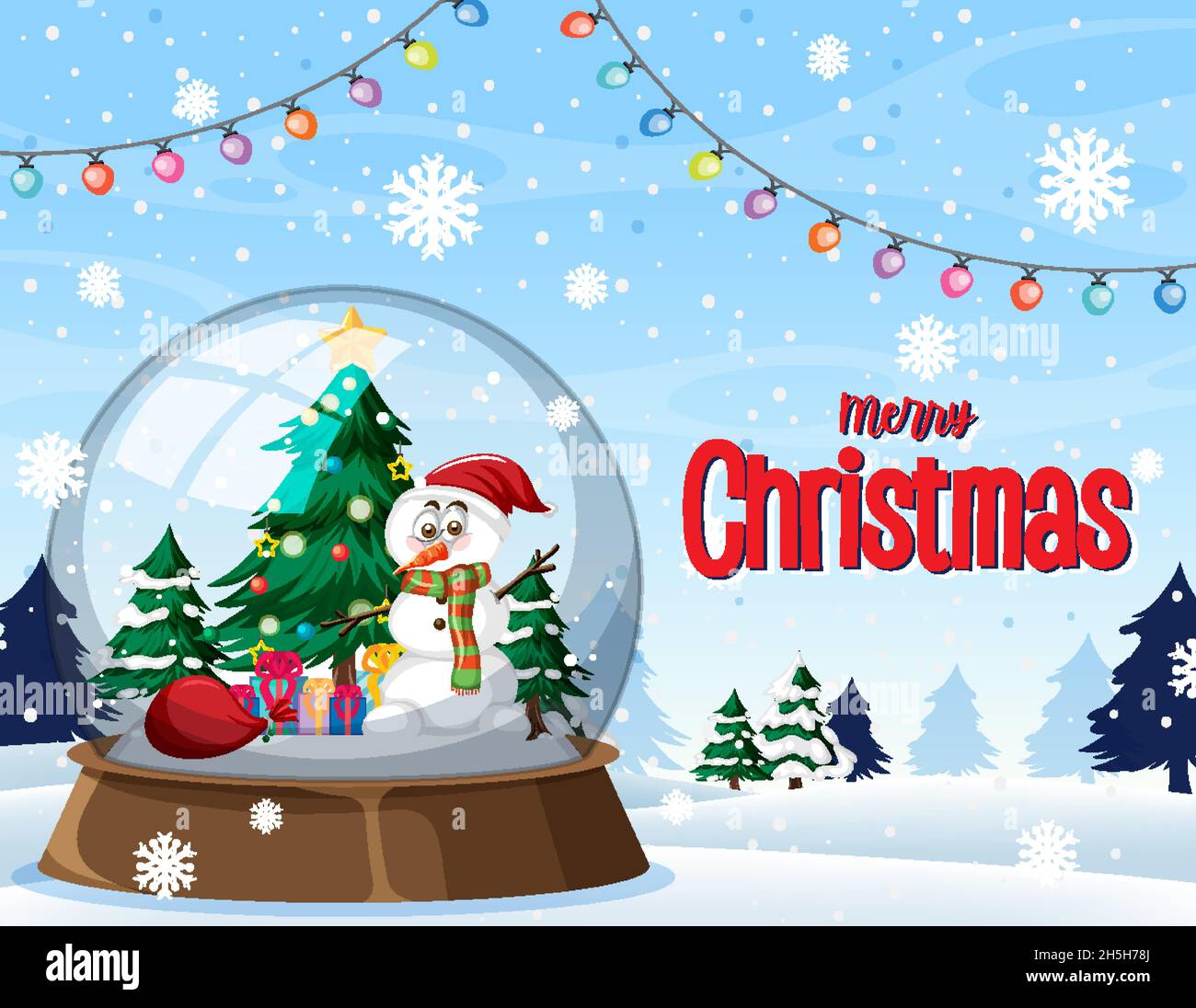 Merry Christmas poster with snowman in snowdome illustration Stock ...