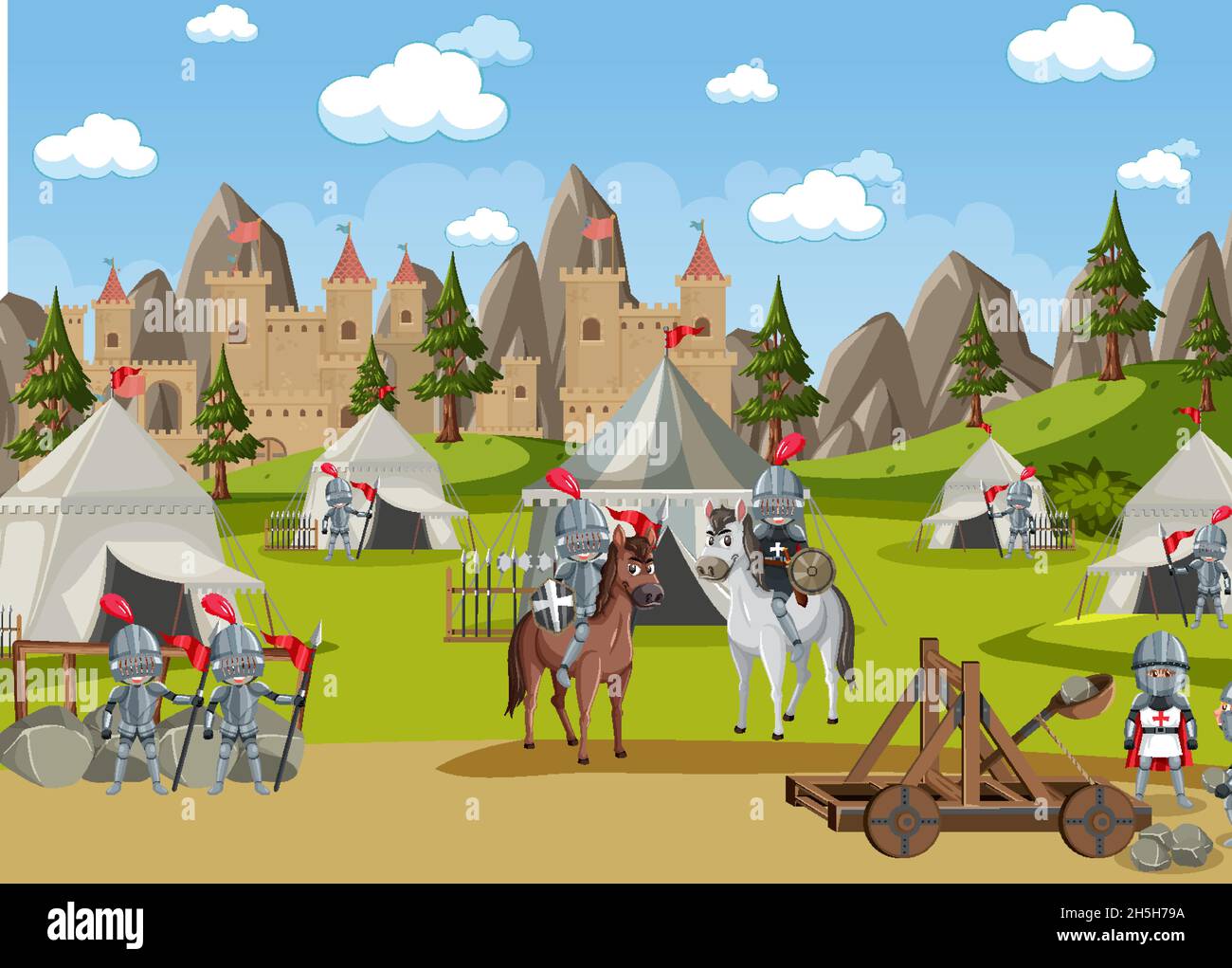 Military medieval camp with tents and weapons illustration Stock Vector ...