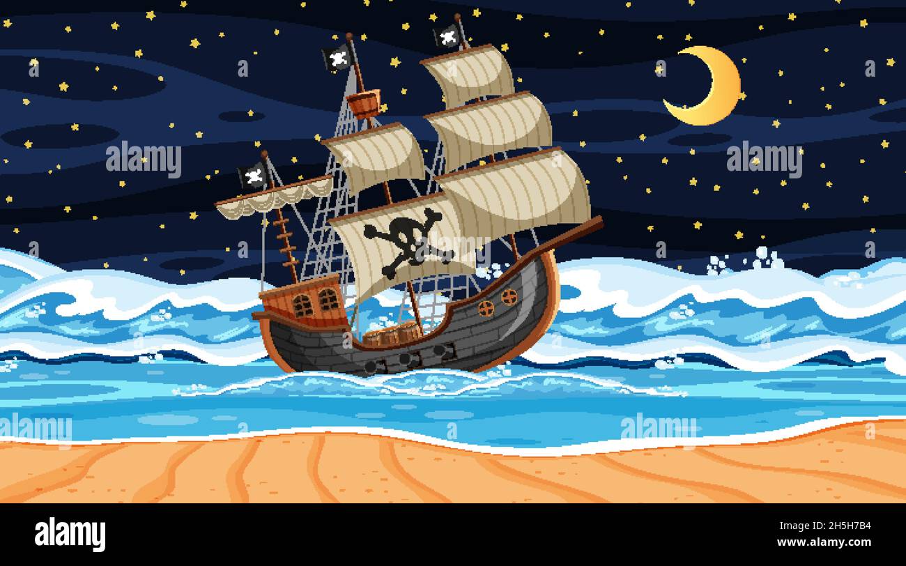 Beach scene at night with Pirate ship in cartoon style illustration ...