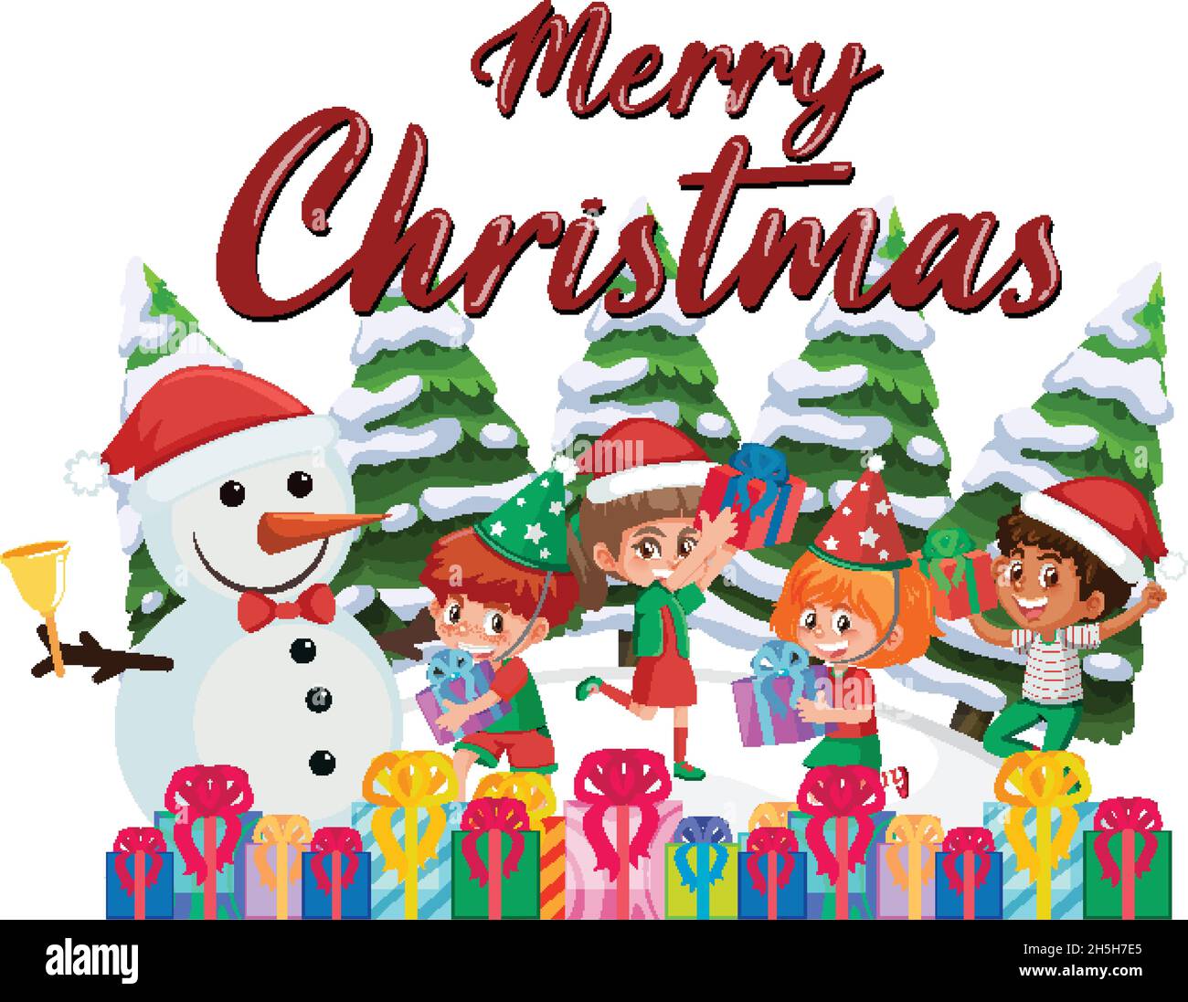 Merry Christmas logo banner with happy children illustration Stock
