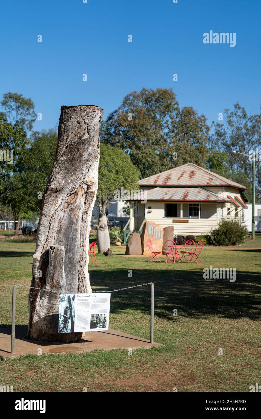 Aboriginal Scar Tree and Old Post Office building, Beazley Park, Rolleston, Queensland, Australia Stock Photo