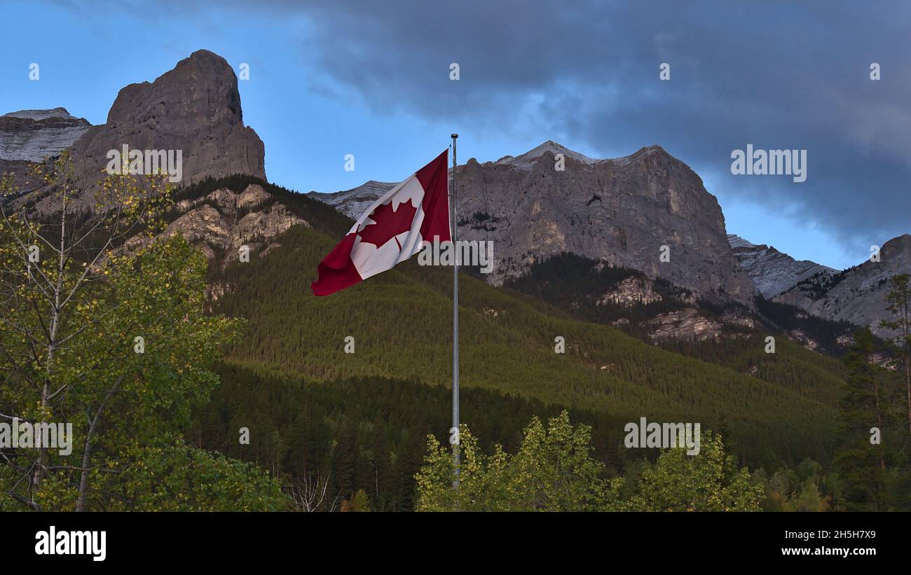 Huge red and white colored Canadian flag flying in the wind between trees in front of majestic mountains near Canmore, Kananaskis Country, Canada. Stock Photo