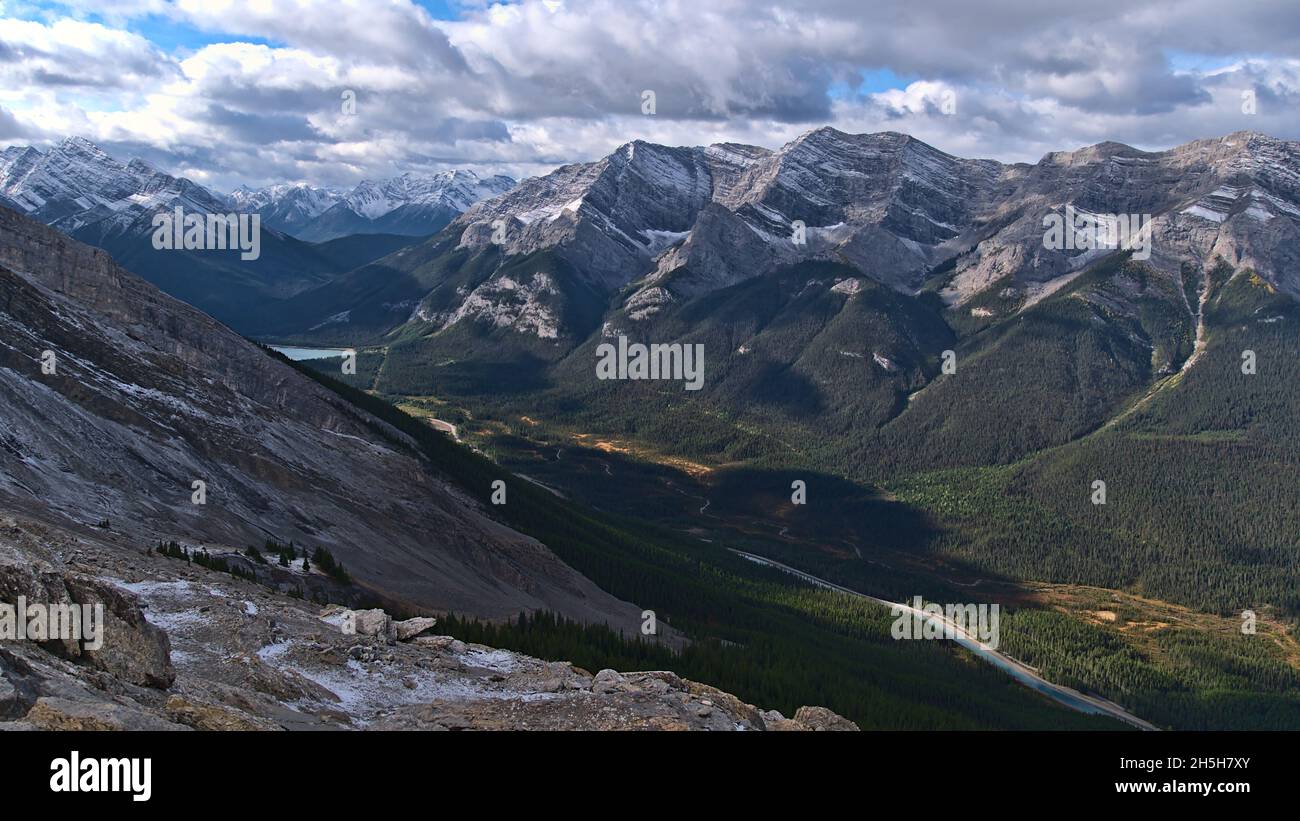Beautiful view over the Rocky Mountains near Canmore, Alberta, Canada with Spray Lakes Reservoir surrounded by forests and Goat Range. Stock Photo