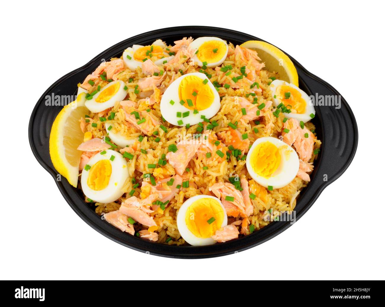 Salmon kedgeree meal with flaked salmon and spicy curry flavour rice
