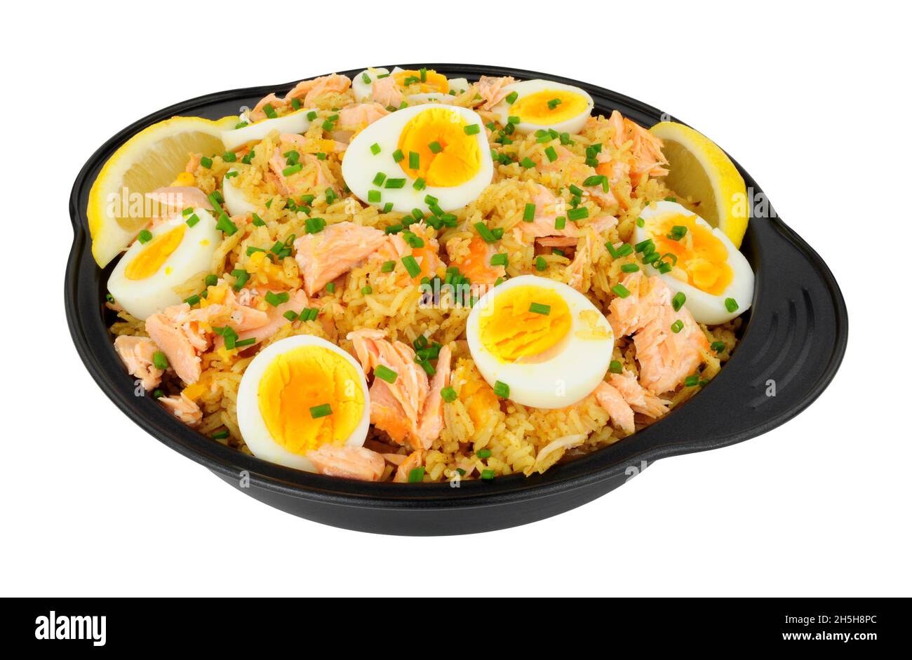 Salmon kedgeree meal with flaked salmon and spicy curry flavour rice