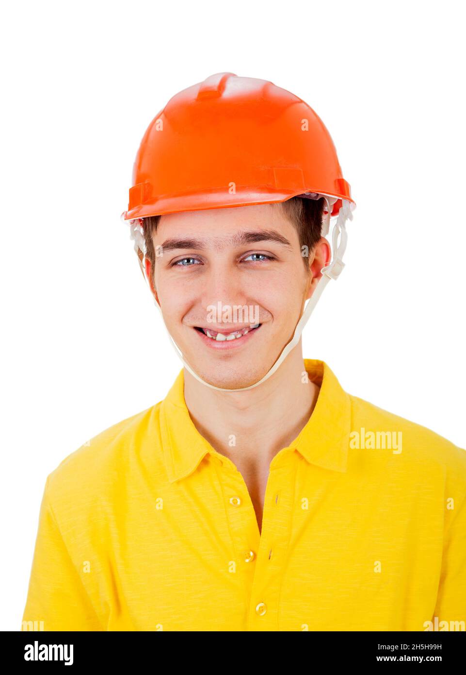 Cheerful Young Man in Hard Hat Isolated on the White Background Stock