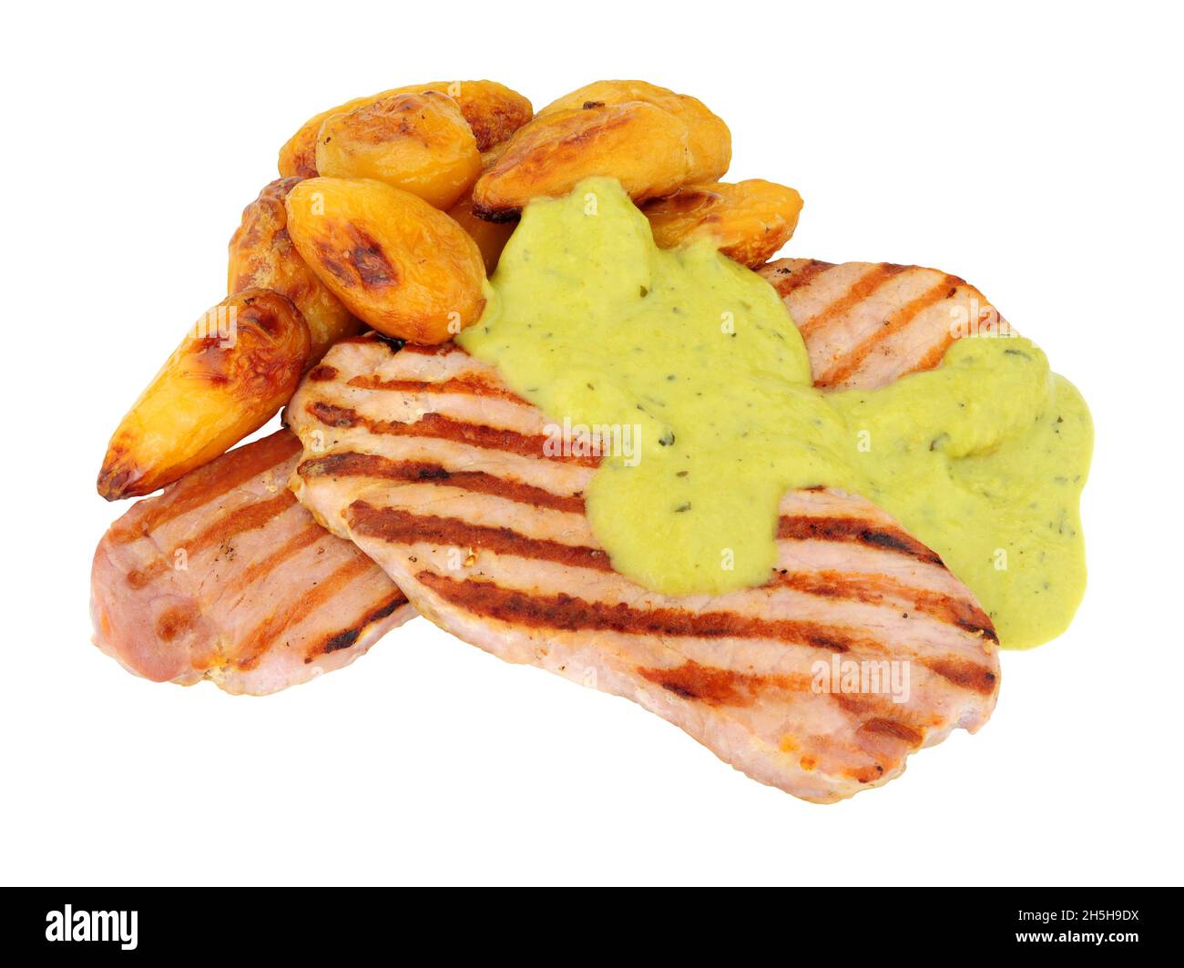 Grilled gammon topside ham steaks and roast potatoes with creamy mint ...