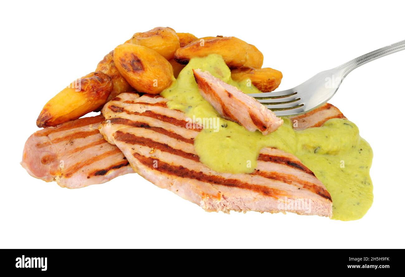 Grilled gammon topside ham steaks and roast potatoes with creamy mint ...
