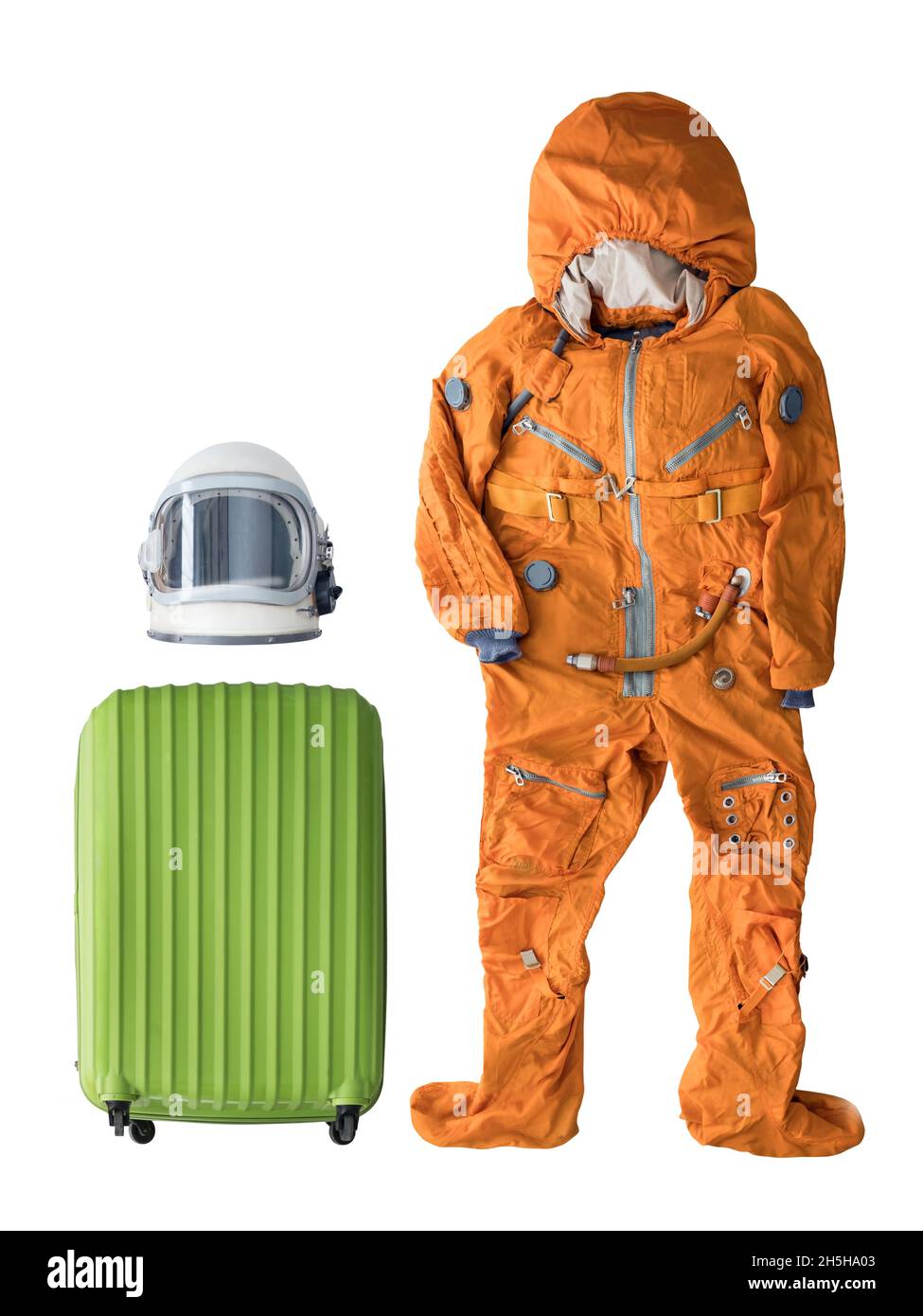 Flat lay of astronaut orange space suit, space helmet and astronaut space suit accessories isolated on white background Stock Photo