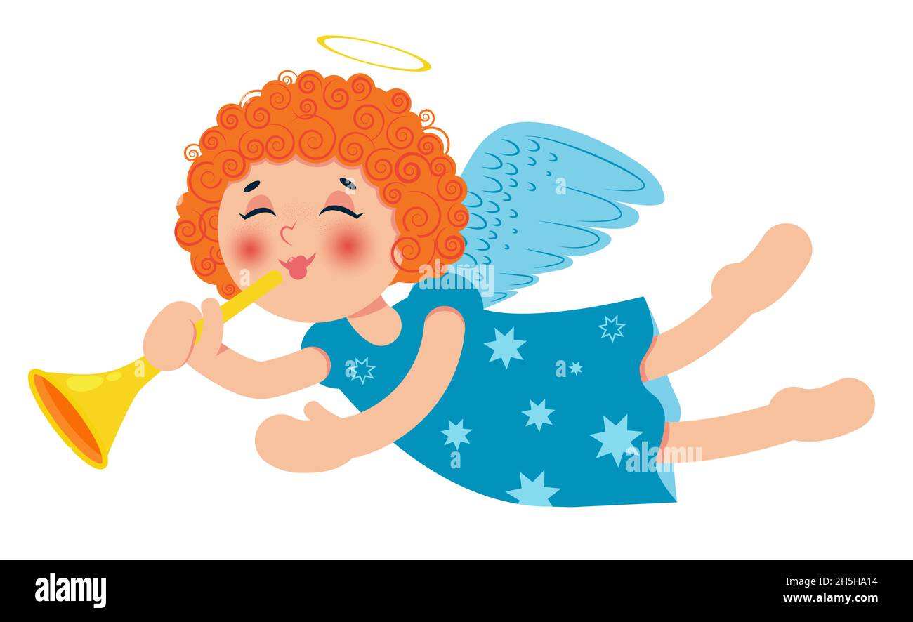 Cute little Christmas angel with trumpet. Curly redhead baby girl. Cartoon character. Vector illustration. Stock Vector