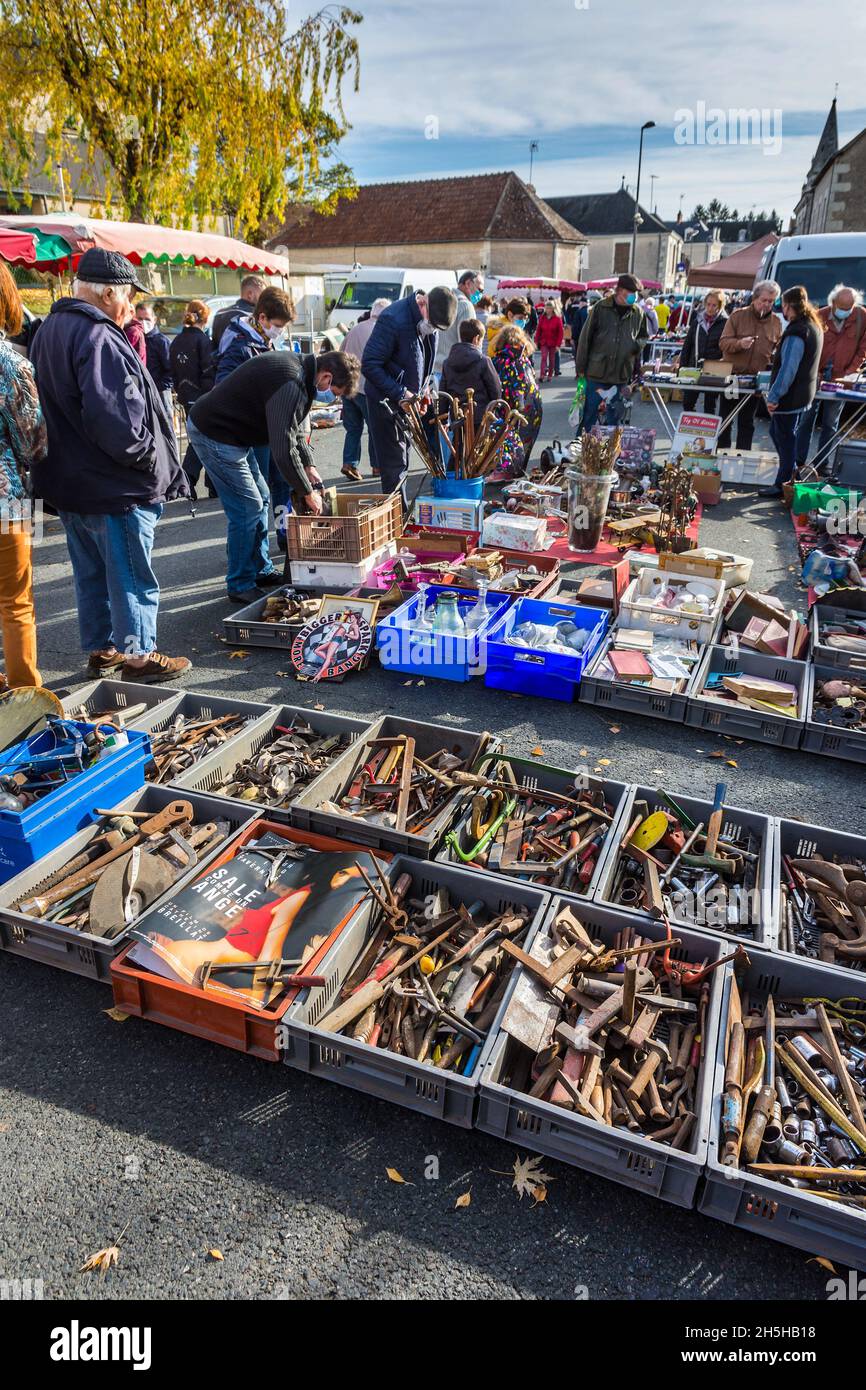 Crowded brocante / car boot sale in Martizay, Indre (36),France. Stock Photo