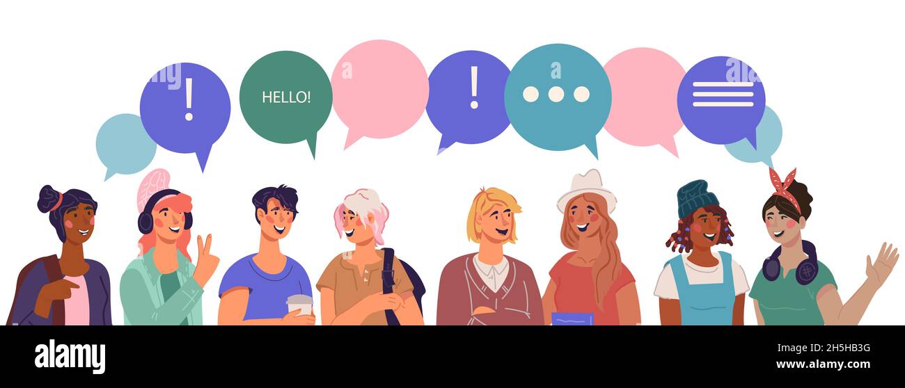 Group of people communicating with speech bubbles above their heads ...