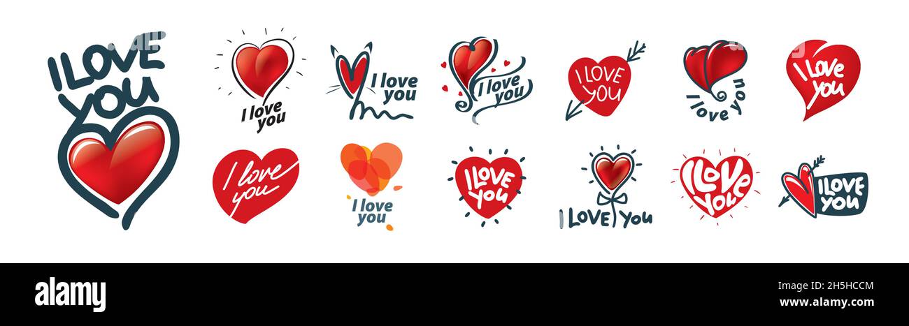 A set of vector logos with red hearts on a white background Stock ...