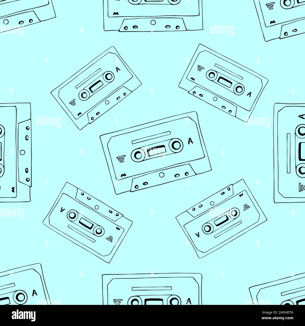Hand drawn cassette and mixtape seamless pattern, black and blue cartoon doodle background for music technology or audio equipment concept. Stock Vector