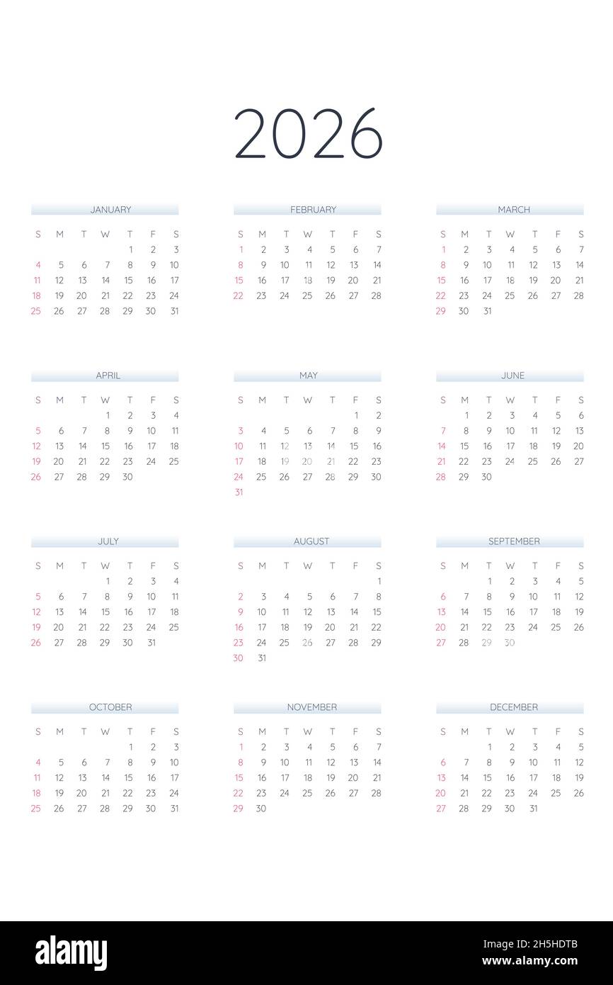 2026 calendar template in classic strict style. Monthly calendar ...