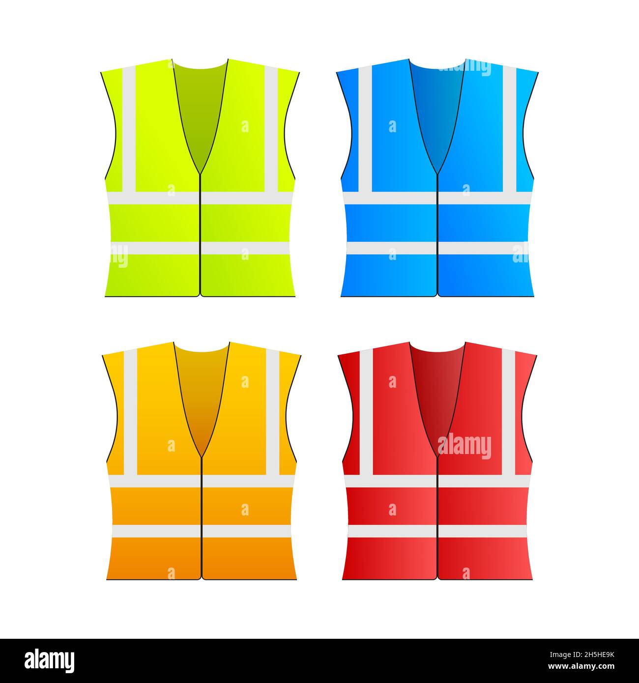 Safety jacket security. Set of yellow and orange work uniform with reflective stripes. Vector stock illustration Stock Vector
