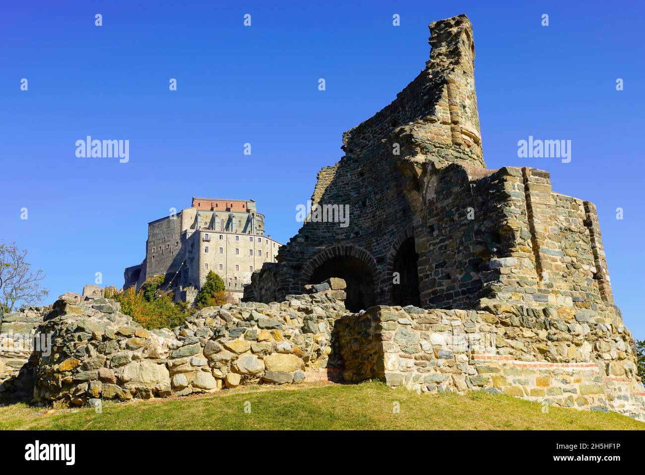 Spectacular monastery San Michele Monastery di Torino (Sacra Di San Michele), Sant'Ambrogio di Torino, Piedmont, Italy. A famous monastery of Legend a Stock Photo