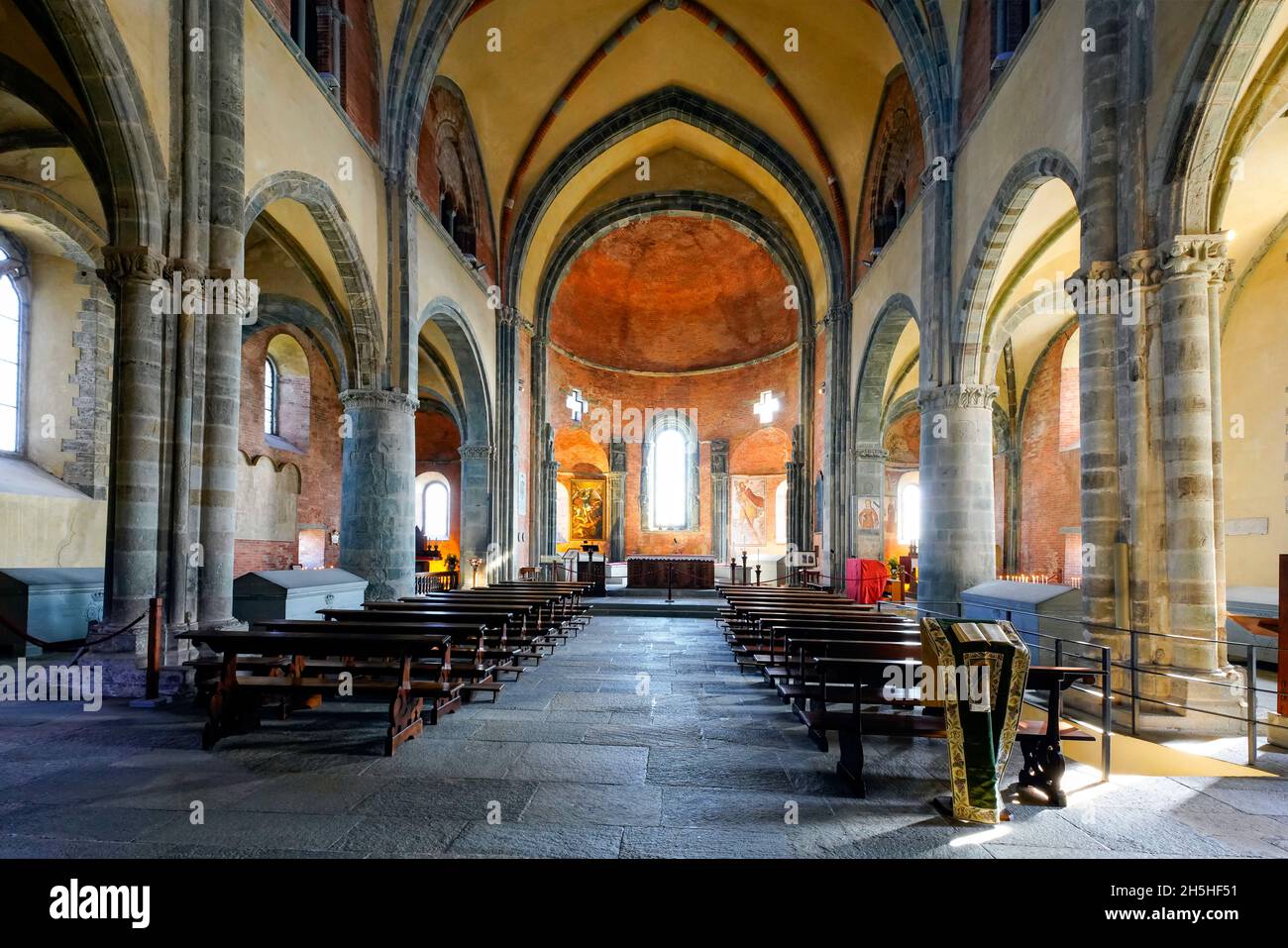 Interior of the Church of San Michele church di Torino (Sacra Di San Michele), Sant'Ambrogio di Torino, Piedmont, Italy. The three aisles inside the C Stock Photo
