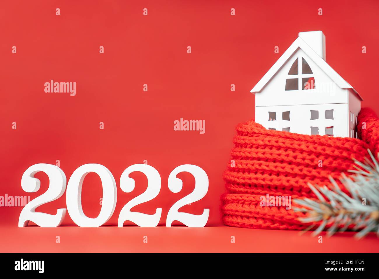 Red Christmas Tree At White House 2022 Happy New Year 2022. White Wooden Numbers 2022 Stand With White Toy House  Wrapped In Red Scarf And Christmas Tree Branch On Red Background. Merry  Chri Stock Photo - Alamy