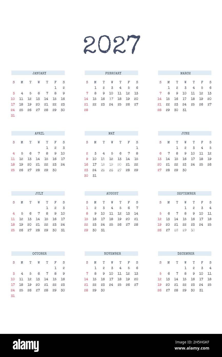 2027 calendar template in classic strict style with type written font.  monthly calendar individual schedule minimalism restrained design for  business stock vector image & art - alamy