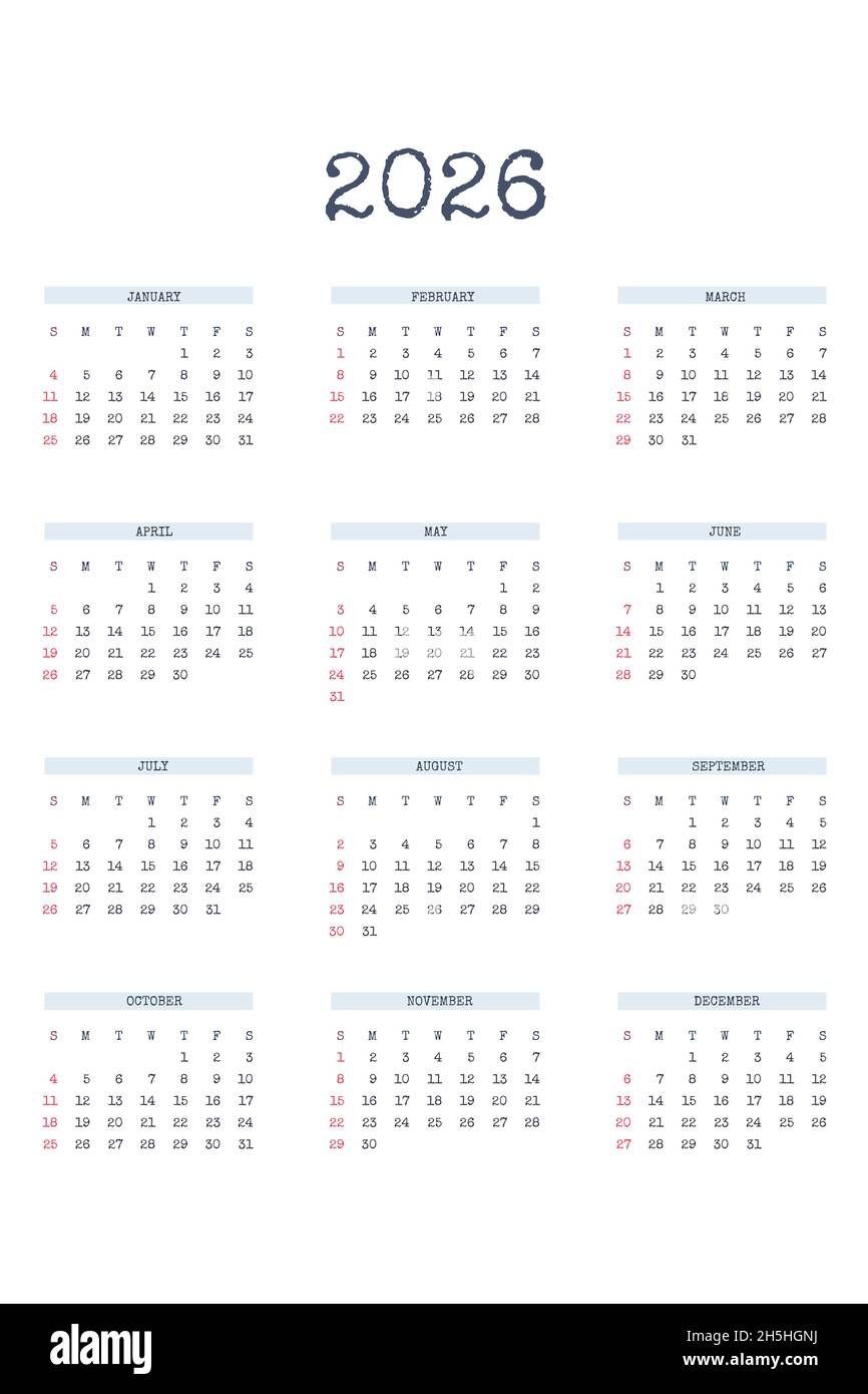 2026 calendar template in classic strict style with type written font ...