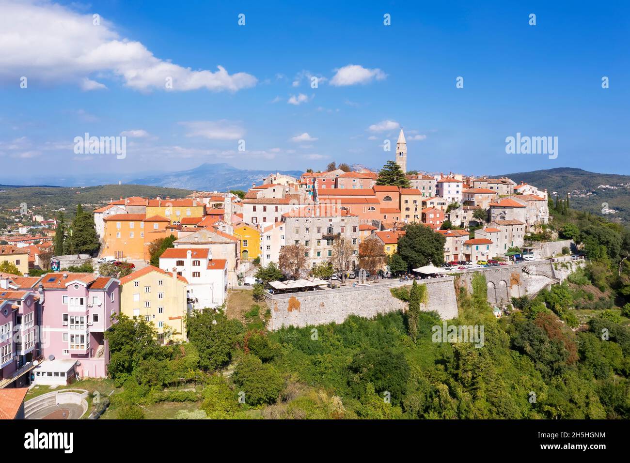 an amazing shot of old town Labin with church of Sv. Just - San Giusto, aerial view, Istria, Croatia Stock Photo