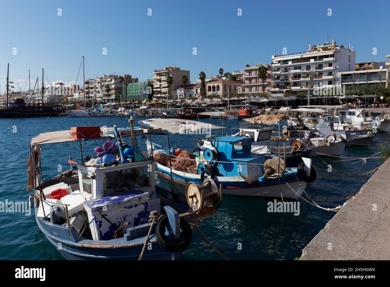 Harbour with fishing boats, Kalamata, Messinia, Peloponnese Peninsula, Greece Stock Photo