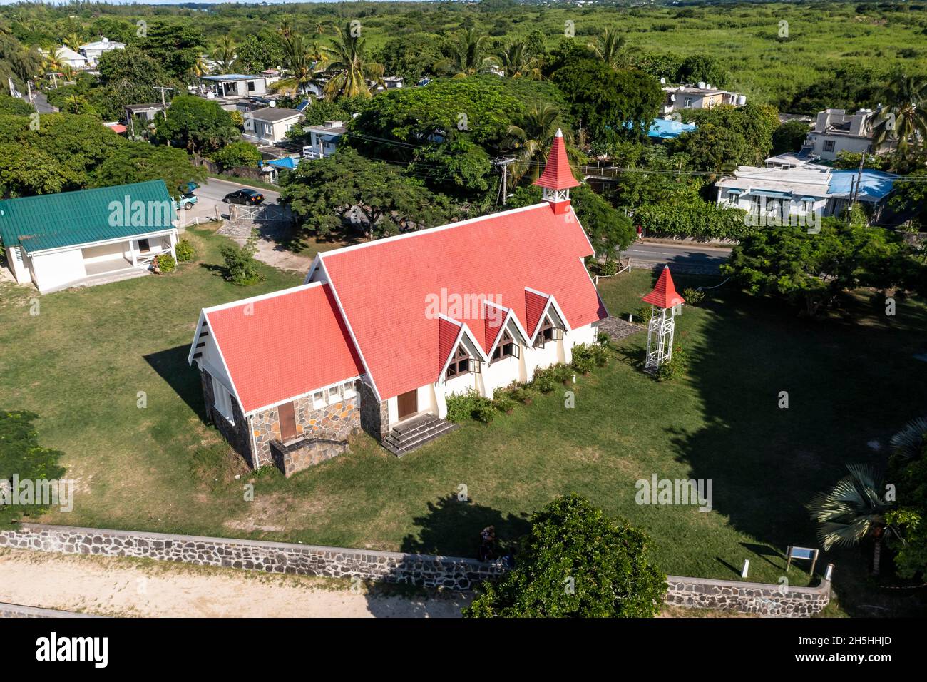 Aerial view, beaches and church NotreDame Auxiliatrice de Cap Malheureux at Cap Malheureux