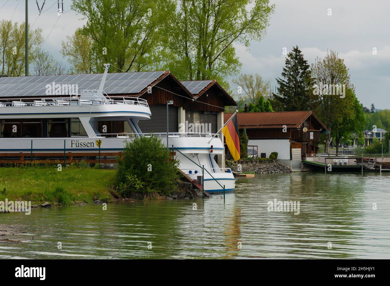 26 May 2019 May, Fussen - tour boat at river Lech in Fussen Stock Photo