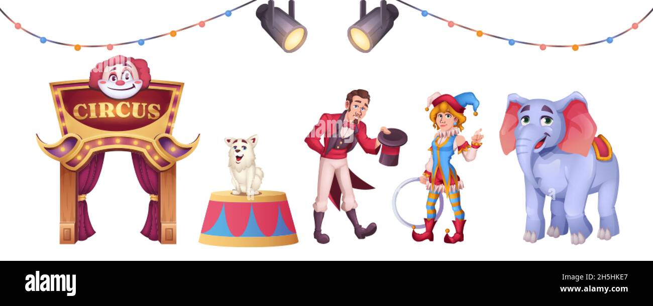 Cartoon set of circus elements with clown, magician man, animals and entrance to cirque isolated on white background. Round stage and searchlights for entertainment performance or carnival show. Stock Vector