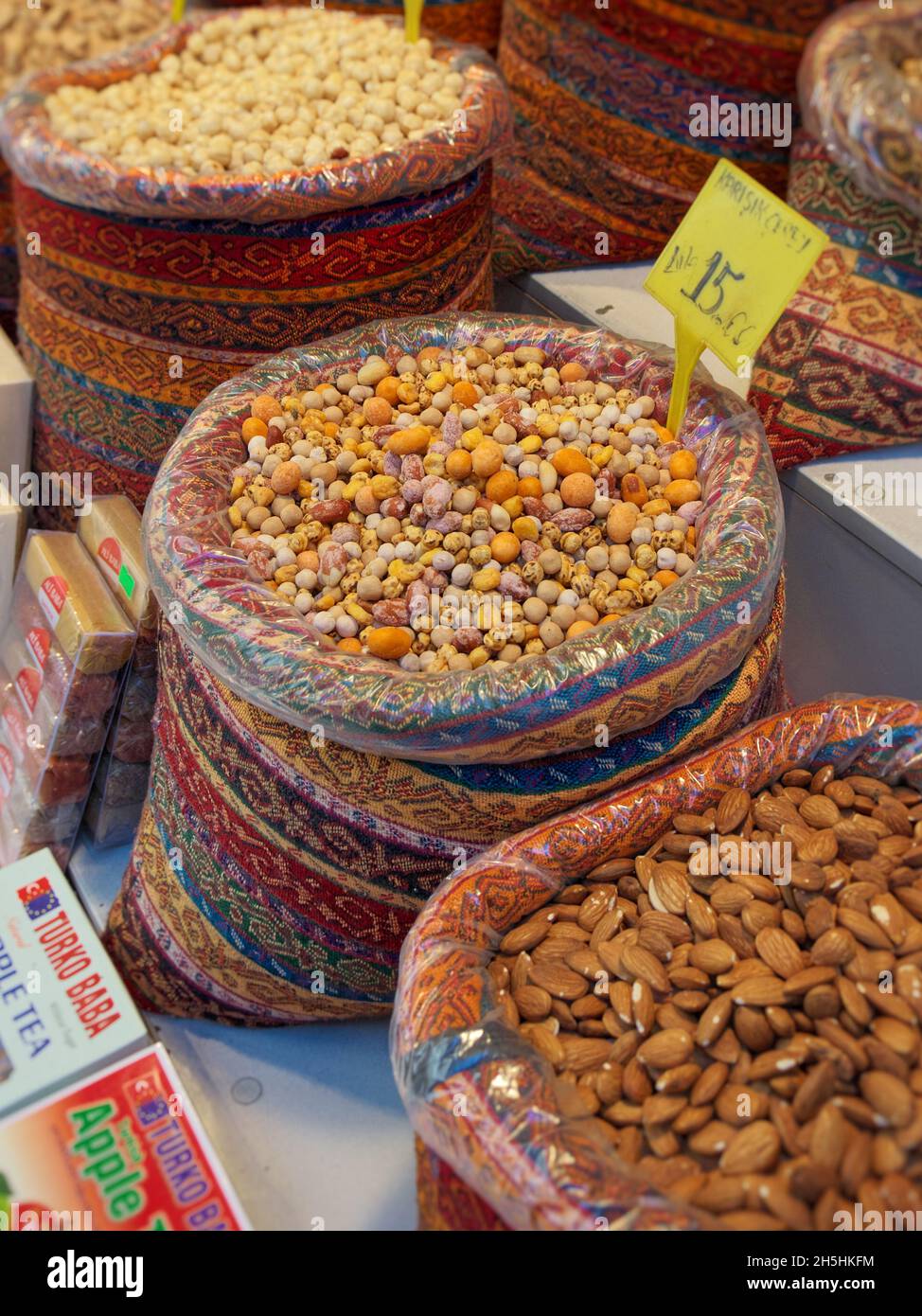 sacks of mediterranean dried fruit and mix of toasted dried fruit