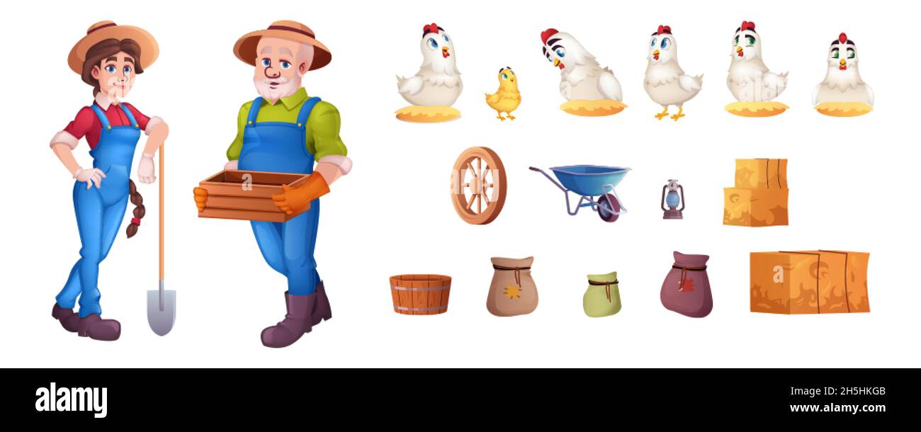 Cartoon objects set of garden tools, haystacks, hens and sacks isolated on white background. Farmers in hats with wooden box in hand and shovel. Chickens in straw nest. Agricultural production concept Stock Vector