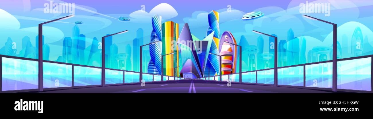 Futuristic cityscape with unusual glass buildings and road. Modern architecture towers and skyscrapers. Future city with highway, flying town parts. Cartoon vector alien urban landscape design. Stock Vector